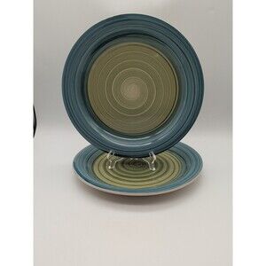 Pier 1 VALENCIA SWIRL 10.5" Dinner Plates Green Swirl Blue Rim 2 Plates  PER118